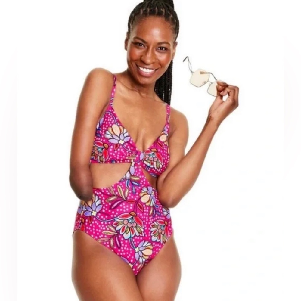 Tabitha Brown Mono-Kini Bright Pink Polka Dot Floral French Cut Modern H…